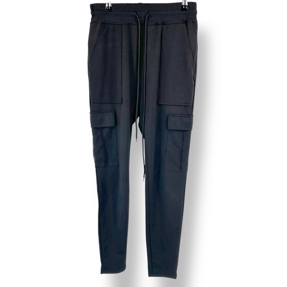 Design in Italy Cargo Jogger Pants Black Elastic Waist Drawstring Pockets Womens